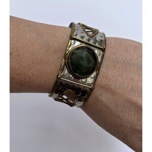Vintage Handmade Hammered Metal Green Gemstone Cuff Brutalist Boho Bracelet